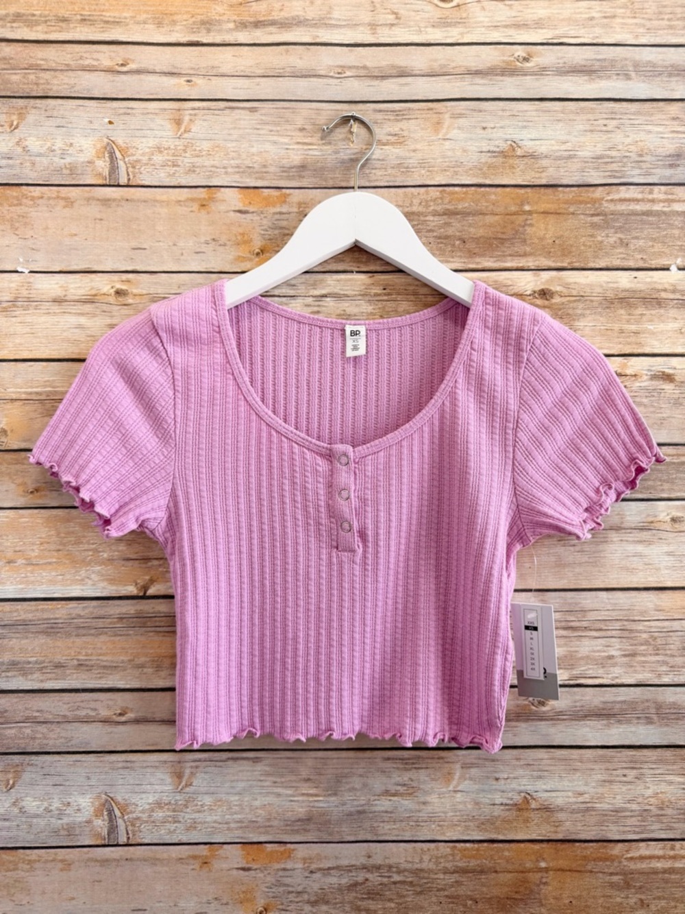 BP Top Women’s Size XS Purple Pointelle Rib Crop Henley Short Sleeve NWT